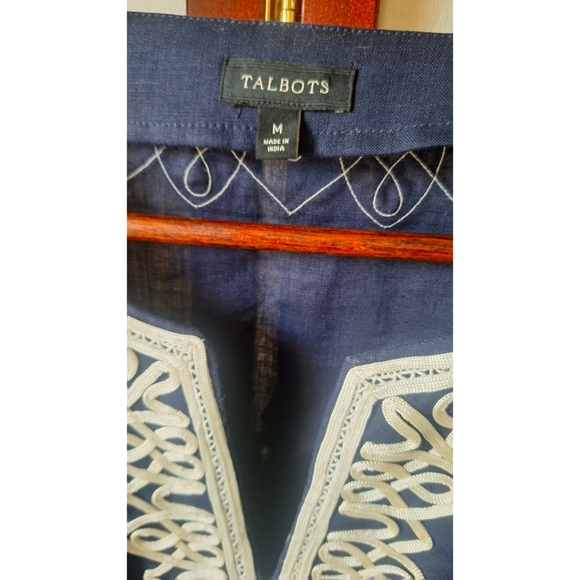 Talbots Navy Blue Linen Tunic with White Cord Trim Embroidery - Picture 5 of 14